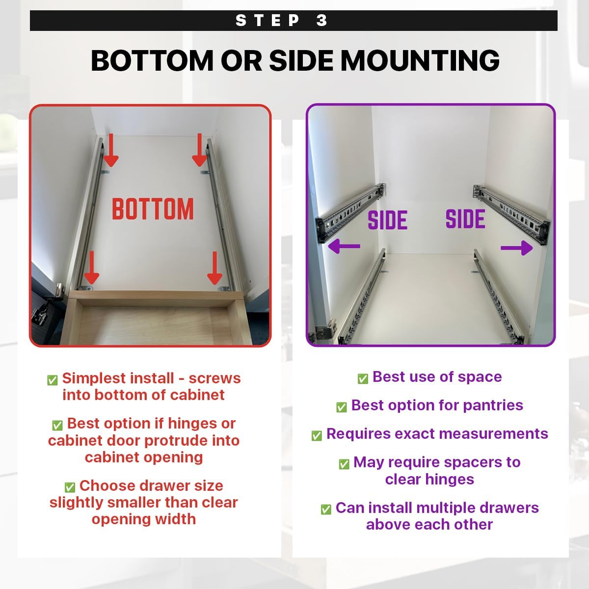 3" Inch High - Made to Fit - Baltic Birch Wood Pull Out Drawers for Kitchen Cabinets - Pull Out Home Organizer - Side Mounting